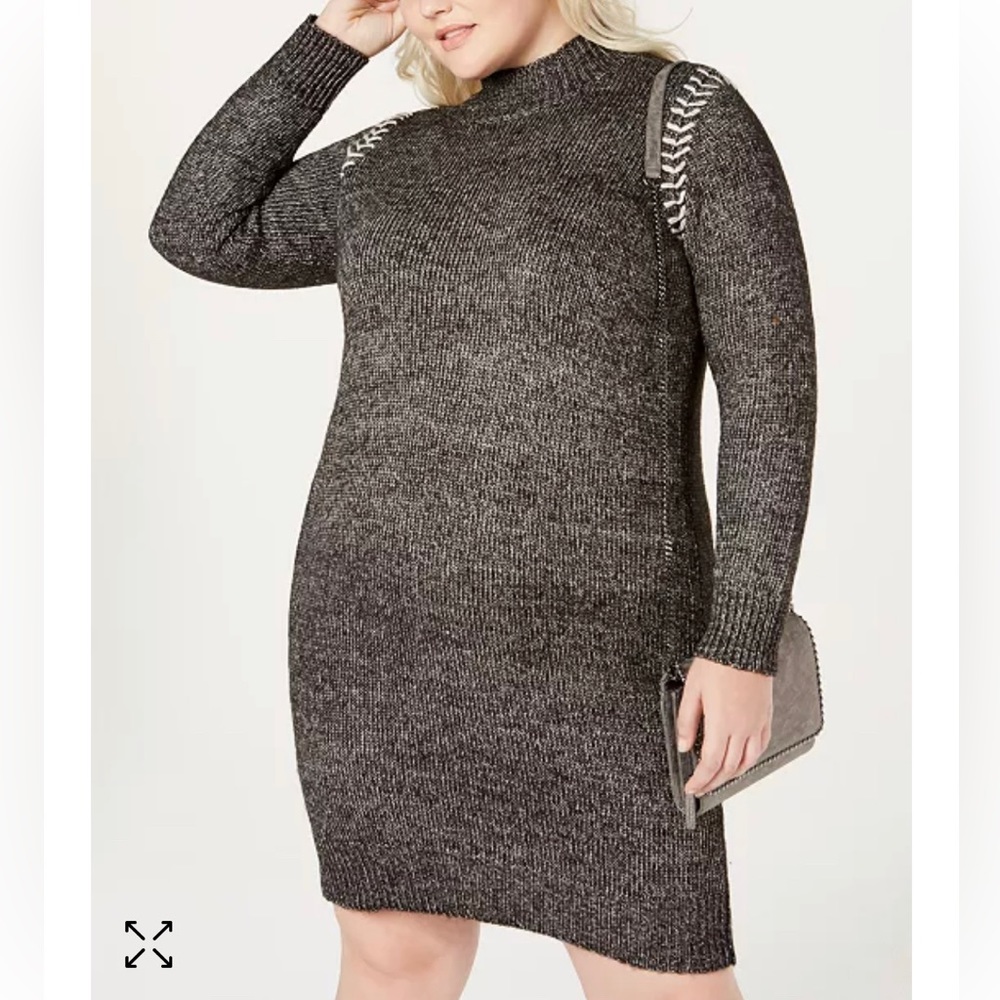 ONE A Whipstitched Sweater Dress Womens 1X Mock Neck Longsleeve Black Mini